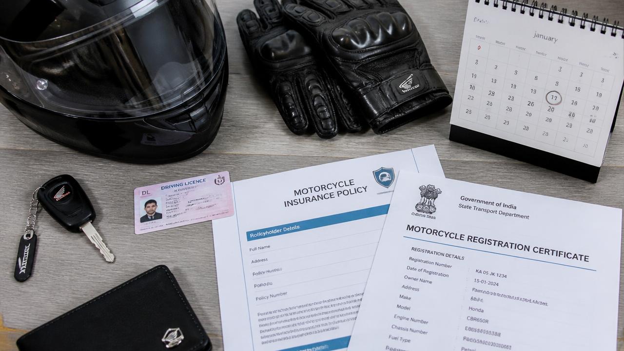 Motorhelm, handschoenen, documenten en kalender op een bureau